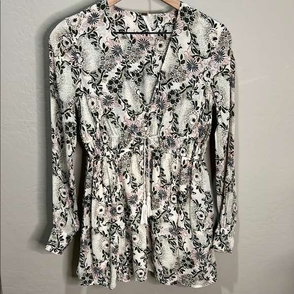 Free People Mini Dress Blouse Tunic Top Floral Pockets Green Tassels Cottagecore - Picture 1 of 12